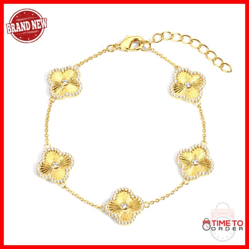 Adjustable 6.5" Gold Plated Link Bracelet with Clover Charm
